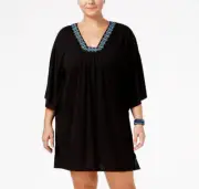 NEW Dotti Plus Size Jewel Tones Flutter-Sleeve Tunic Cover-Up Black 1X