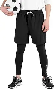 [TLAENSON] Boys Athletic Shorts with Leggings Kids 2 in 1 Sports Compression Pants with Zipper Pockets