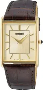 SEIKO Square Design Champagne Gold Dial x Brown Leather Band Watch Men's SWR064