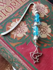 SILVER-TONE HOOK BEADED BOOKMARK WITH REPURPOSED BEADS BLUE PEARL DOVE