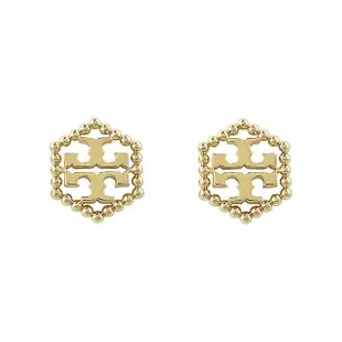 【TORY BURCH】TORY BURCH MILGRAIN HEX雙T LOGO圓珠六角形環繞T字設計穿式耳環(金)