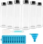 Blissify 500ml High Borosilicate Glass Water Bottles, 6 Pack Reusable Glass Juice Containers with Ice Cube Mold Funnel, BPA Free Leak Proof Drinking Bottles with Caps for Home, Office, Gym & Outdoors