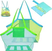 [LAKNUY] 2Pack Large Mesh Beach Bag Kids Sea Shell Bags Foldable Beach Toy Bag Toy Storage Mesh Bag Beach Pool Gear For Family Beach Essentials(Green+Blue)