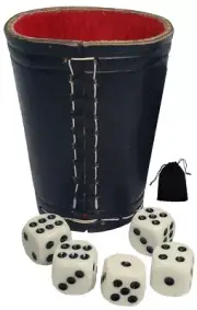 16mm Dot Dice Ivory + Pouch + Genuine Leather Compact Dice Cup Black Red