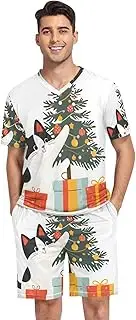 [GAIREG] Cute Mens Pajama Set Short Sleeve V Neck 2 Piece Nightwear with Pockets Summer S-XXL, Christmas Tree Cute Cat, Small