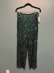 NWT Maeve by Anthropologie Green Sequin Fringe Party Pants Size 6 Wide leg