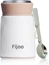 Fijoo 16oz Stainless Steel Double Wall Thermo Food Jar + Folding Spoon (White)