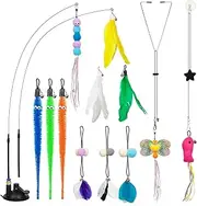 4-in-1 Interactive Cat Toys for Indoor Cats, Feather Teaser Cat Wand Toy with Suction Cup, Triangle Hook & Adhesive Hook, 12 Pack