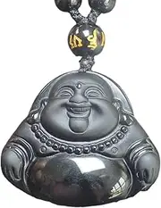 [HLbshi] Natural crystal black obsidian buddha necklace pendant with adjustable bead chain Women Men Protect Lucky Necklace