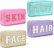Aileam 4Pcs Nylon Preppy Makeup Bag Chenille Letter Cosmetic Pouch Zipper Travel Organization Waterproof Hair with Patches Toiletry Bluk for Women(Skin Stuff Hair FACE), Stuff, Face