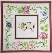 SUSAN ROBERTS HAND PAINTED NEEDLEPOINT CANVAS: PIG FLORAL MAKE A PILLOW GG