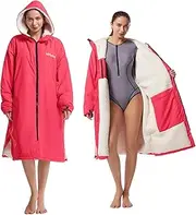 [Hiturbo] Waterproof Adult Changing Robe: Windproof Warm Swimming Robe Oversized Coat Surf Poncho with Fleece Lining