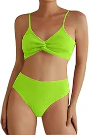 [Generic] Women Underwire Bikini Set High Waisted Tummy Control Solid Color Swimsuit 2 Piece Push Up Bathing Suit