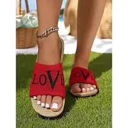 Women's Flyknit Slide Sandals - Red LOVE Graphic, Casual Slip-On Design, Perfect for Beach Days and Casual Outings