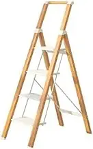 4/5 Steps Adult Folding Stool with Wide Non-Slip Treads Maximum Load 150 Kg Lbs with Handle Aluminum, Wood Grain(White,Medium)