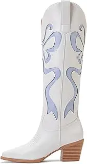 [OAKUMSAS] Cowgirl Boots - Womens Cowboy Boots with Colorful Bows Embroidered Western White Knee-High Boots Fashion Pull On Almond Toe Chunky Heel Country Tall Boots, Blue, 5