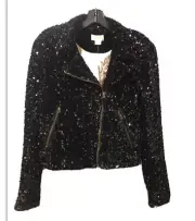 New Anthropologie Maeve Malia Sequined Moto Jacket Black size S $198 NWT