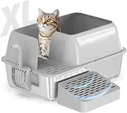 Advwin Stainless Steel Cat Litter Box with Lid, XL Large Litter Box for Large Cats, Enclosed Kitty Litter Pan with High Sides, Leak-Proof & Non-Stick, Easy to Clean, Scoop and Pedal Included