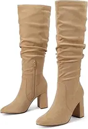 [Eteridrey] Knee High Boots Womens Chunky Heels Side Zipper Slouchy Boots Comfortable Faux Suede Riding Mid Calf Boots…