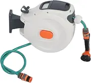 Retractable Garden Hose Reel, 180 Degree Swivel 10m Wall Mounted Hose Reel Ith Sprayer Nozzle Any Length Lock Slow Return System, 8 Pattern Nozzle, Swivel Bracket