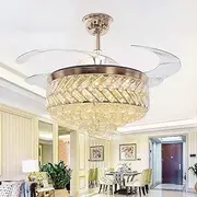 42 Inch Invisible Reversible Ceiling Fan with LED Lights and Remote Control, 4 Retractable Blades Fan Chandelier for Bedroom, Indoor Crystal Ceiling Light Kits with Fans (Gold)