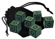 Set (6) 16mm 6-Sided D6 Black Dice Green Numbered 1-6 + Storage Pouch