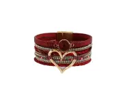 Chic Women's Multi-Color Leather Wrap Bracelet Love Heart Charms Magnetic Clasp - Big-Red
