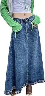 [Chartou] Women's Back Elastic High Waist A-Line Maxi Long Denim Jean Skirt