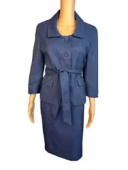 Larry Levine Polyester Skirt Suit 12 Blue Lined Pleated Belted Shawl Collar New