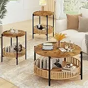 AWQM 3 Pieces Coffee Table Set for Living Room, 2 Tier Round Rattan Coffee End Side Table, Boho Living Room Table Set with Metal Frame for Bedroom Office