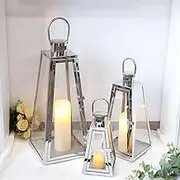 TRIROCKS Stainless Steel Decorative Lantern 54&40&27.5 cm High Metal Candle Holder with Clear Glass Panels Perfect for Home Decor Living Room Parties Events Tabletop Indoors Outdoors(Silver)