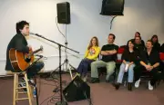 Actor Jared Leto plays an acoustic backstage for radio contest win - Old Photo
