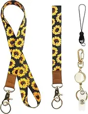Sunflower Lanyard and Wrist Lanyards, Cute Breakaway Neck Lanyards with Retractable Reel for Id Badges Wallet, Wristlet Lanyard Strap for Key Chains, Badge Holder, Offices, Teacher, Nurse,Cruise