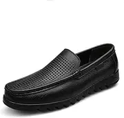 WEISIDA Summer men's casual shoes soft-soled leather sandals men's breathable hollow leather shoes middle-aged and elderly men's shoes dad shoes (Color : Black Hollow Breathable Model, Size : 10.5 U