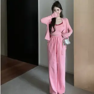 韓版休閒運動套裝女裝緊身長袖短版外套+吊帶背心+高腰寬褲三件式粉色