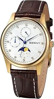 [BERNY] Womens Multi-Function Watch with Calendar and Moon Phase Watch - Stainless Steel Case and Leather Band