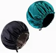 Jindizi Night Cap, 2 Pcs Reversible Silk Bonnet Sleep Cap, Adjustable Waterproof Satin Hair Cap Double Layer Satin Bonnet for Women Girls Black Curly Hair Black and Blue