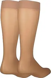 NuVein Sheer Compression Stockings for Women Fashion Silky Sheen Denier Knee High, Beige, Large