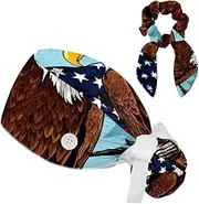 [YTYVAGT] Scrub Caps Women with Buttons,Surgical Caps with Button Adjustable Unisex,American Flag White Headed Eagle