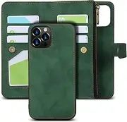 [Cavor] for iPhone 12 Case,for iPhone 12 Pro Case[6.1 inch] PU Leather Folio Flip Cover Kickstand 2 in 1 Detachable Wallet Magnetic Case Zipper Coin Pocket 6 Card Slots-Green