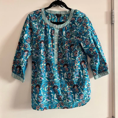 New Talbots ,Band Collar Popover Jacobean Floral Top Blue Multi 3/4 Sleeve Sz S