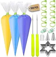 Makmeng 120Pcs Tipless Piping Bags - 100Pcs 12inch Disposable Piping Pastry Bag for Royal Icing/Cookies Decorating - 2 Frosting Tips, 10 Icing Bags Ties, 2 Clips, 3 Cookies Cutters, 2 Scriber Needle