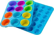 Kitchen Pro Multi-colored Silicone Muffin Pan & Cupcake Cups Set with 9 inch Whisk, 24 & 12 Cup, BPA Free, Dishwasher Safe, Vibrant & Functional