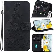 SATURCASE Case for Apple iPhone 12 Pro Max, Lily PU Leather Flip Dual Magnet Wallet Stand Card Slots Hand Strap Protective Cover for Apple iPhone 12 Pro Max (BH-Black)