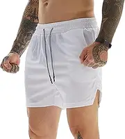JMEDIC Men's Flat Front Shorts, Workout Gym Shorts with Pockets, Adjustable Flat Front Shorts for Weight Lifting, Boxing, Running, Walking, Cycling, Squatting White