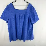 Talbots Blue Eyelet Square Neck Lined Short Sleeve Blouse 3X Peasant Boho