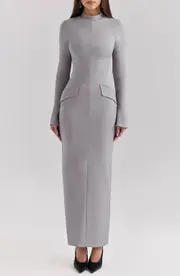 HOUSE OF CB Marie Louise Mock Neck Long Sleeve Maxi Dress in Light Grey Melange at Nordstrom, Size Medium