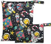 Cartoon Cute White Merry Christmas Astronaut zippered bathing suit bag 2 Pack wet bag for swimsuit with handles for baby diapers, bathing