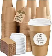 50 Pack Paper Coffee Cup with White Lid and Kraft Sleeve. Coffee, Tea, Drink Cups for Hot/Cold.