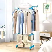Hbluefat Clothes Drying Rack, Folding 4-Tier Stainless Steel Laundry Drying Rack with Wheel, Space Saving Free-Standing Laundry Stand for Indoor/Outdoor (Blue)